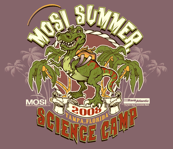 mosi summer camp tee dinosaur by Greg Dampier - Illustrator & Graphic Artist of Portland, Oregon